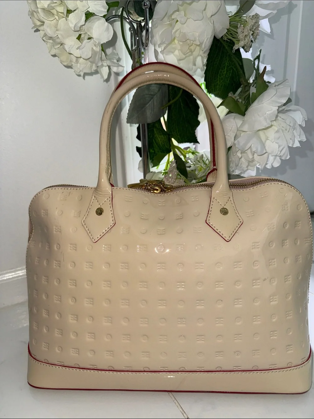 Arcadia Cream Patent Satchel with Red Trim